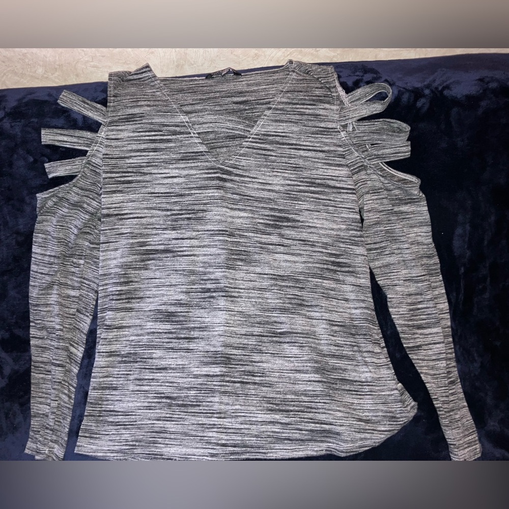 Rock & Republic Black and Gray Striped Cold Shoulder Top